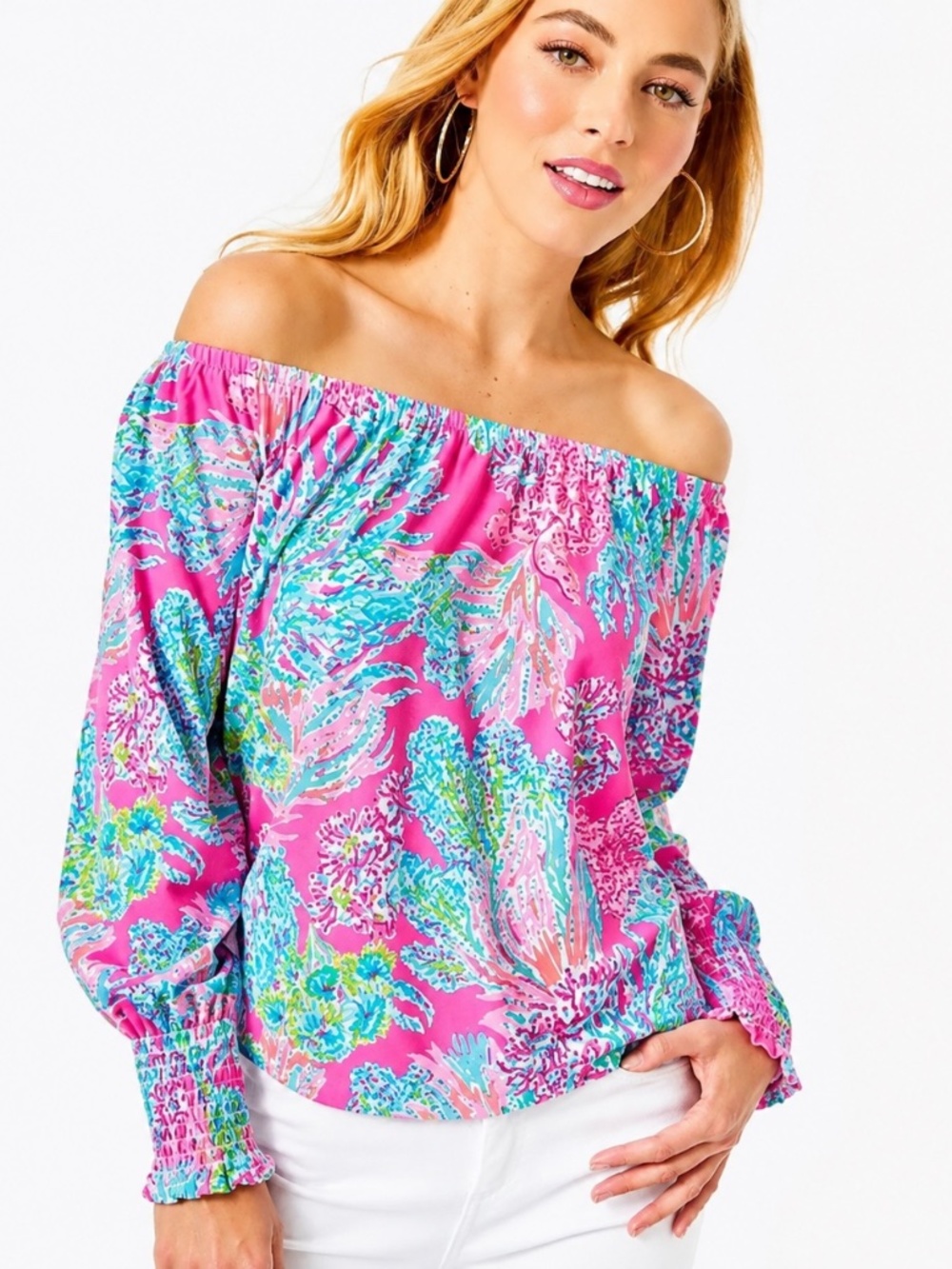 Lilly Pulitzer Lana Off-the-Shoulder Pink Tropical Print Top Women Size M